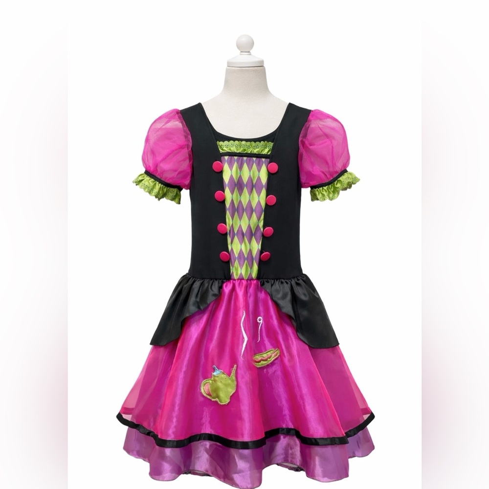 Disney Alice in Wonderland Mad Hatter Girls Costume‎ Dress Pink Green 8/10 Tulle